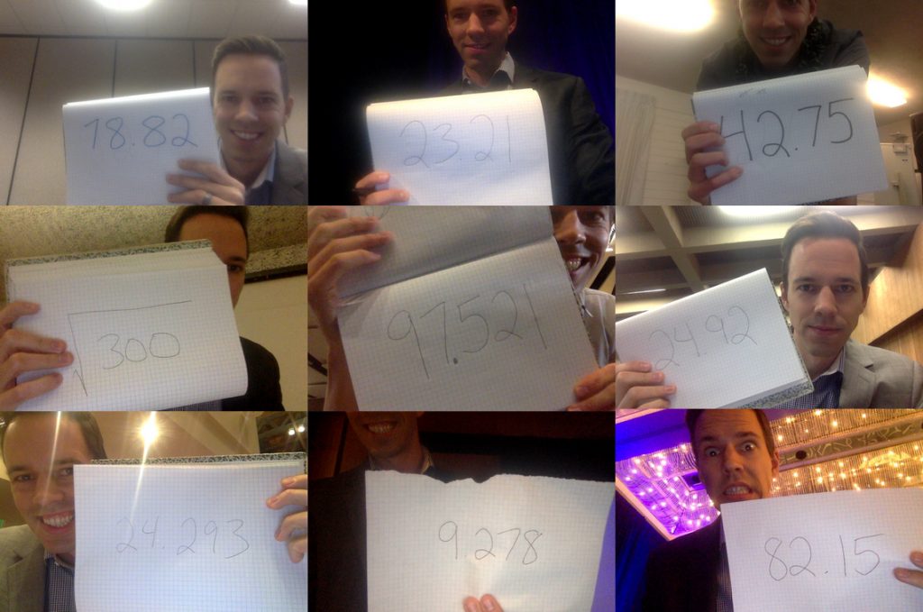 Me, holding up the number I wrote down in nine different cities.