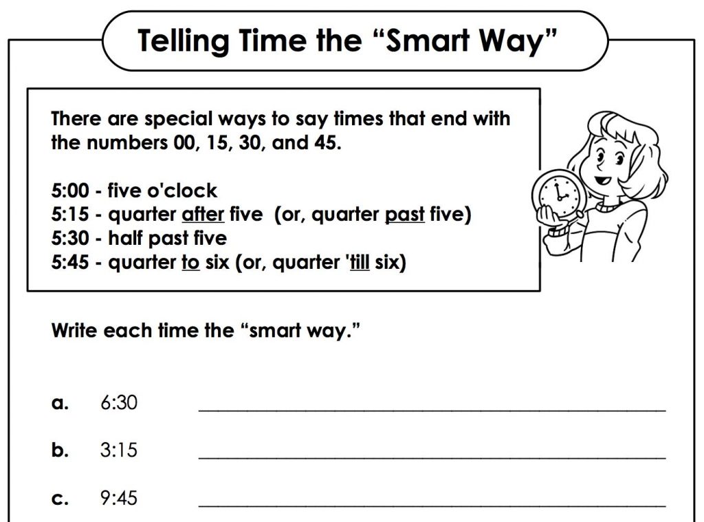 A worksheet that asks students to use the 'smart way' to tell time.